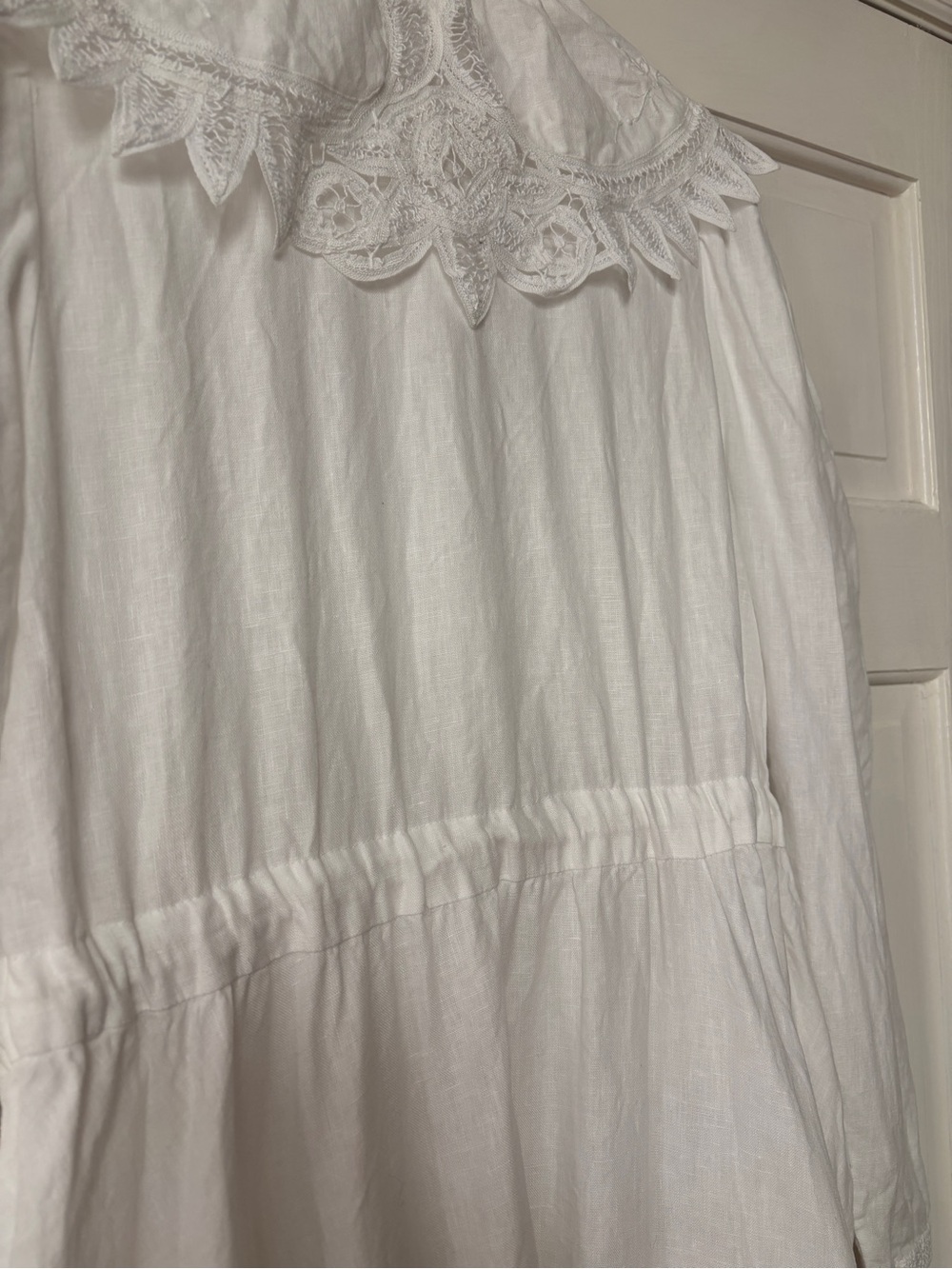 ULLA JOHNSON Fiona Midi Dress Bone White 100% Linen Size 8 Crochet Collar Tie - Picture 4 of 16